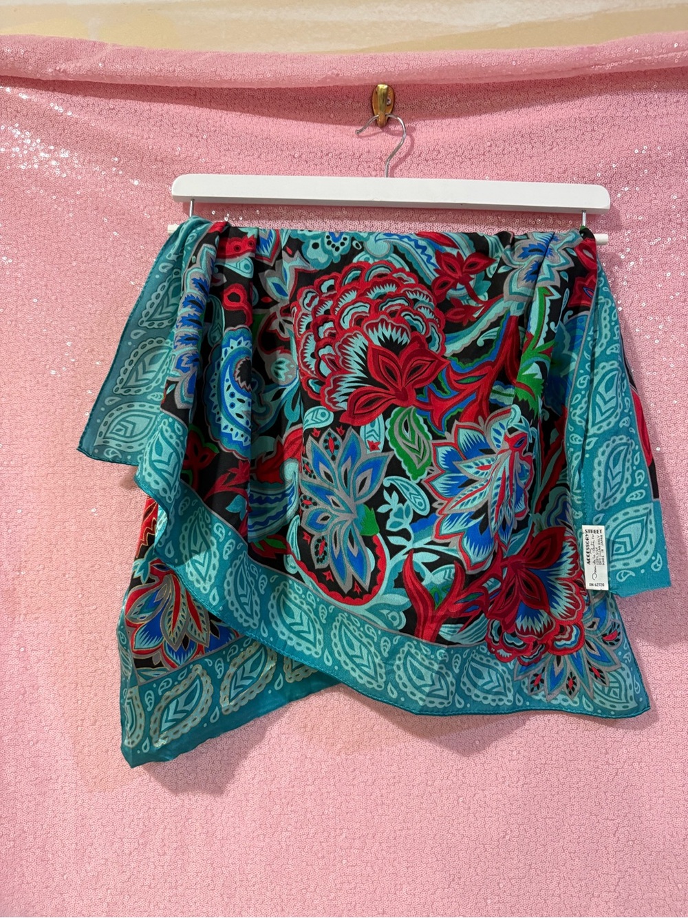 Oscar de la Renta Teal Floral Wrap with Red and Blue Accents